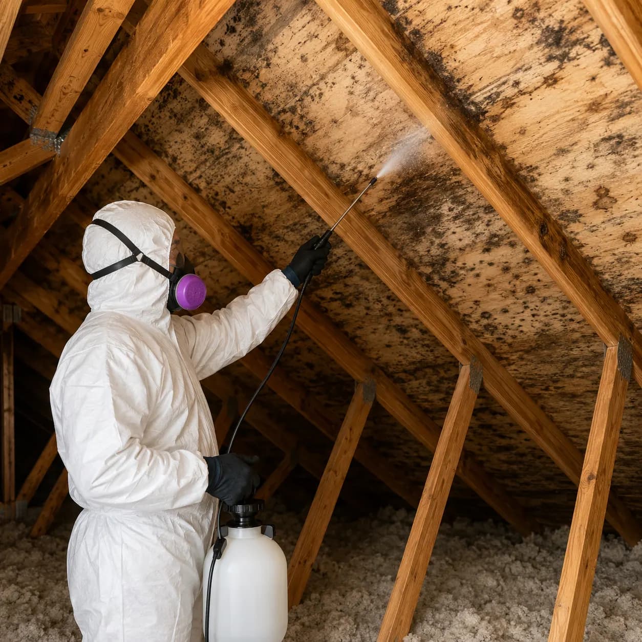 Attic surfaces being treated during mold remediation