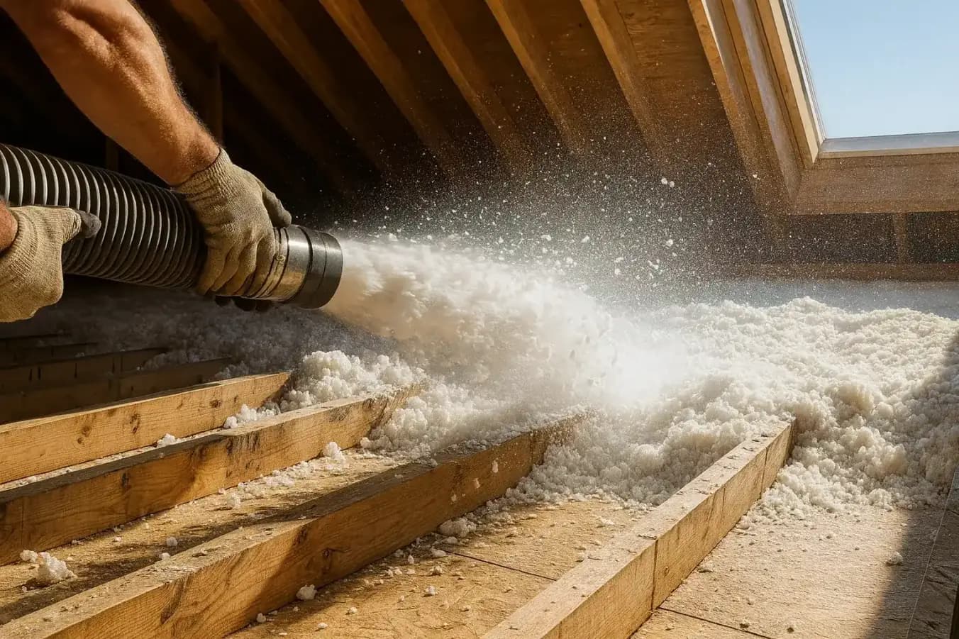 Blown-in insulation being installed to depth across an attic floor