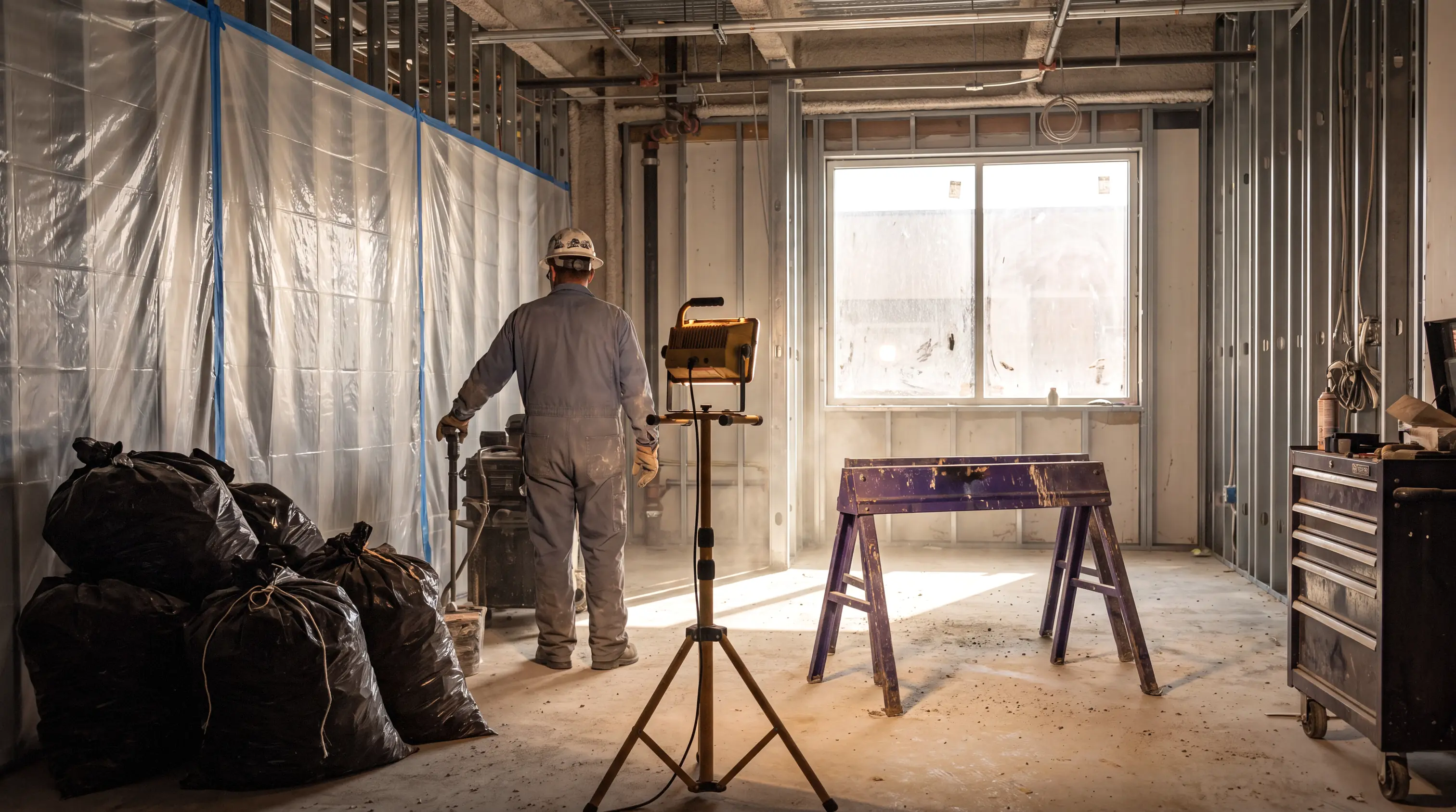 Commercial interior prepared for insulation removal