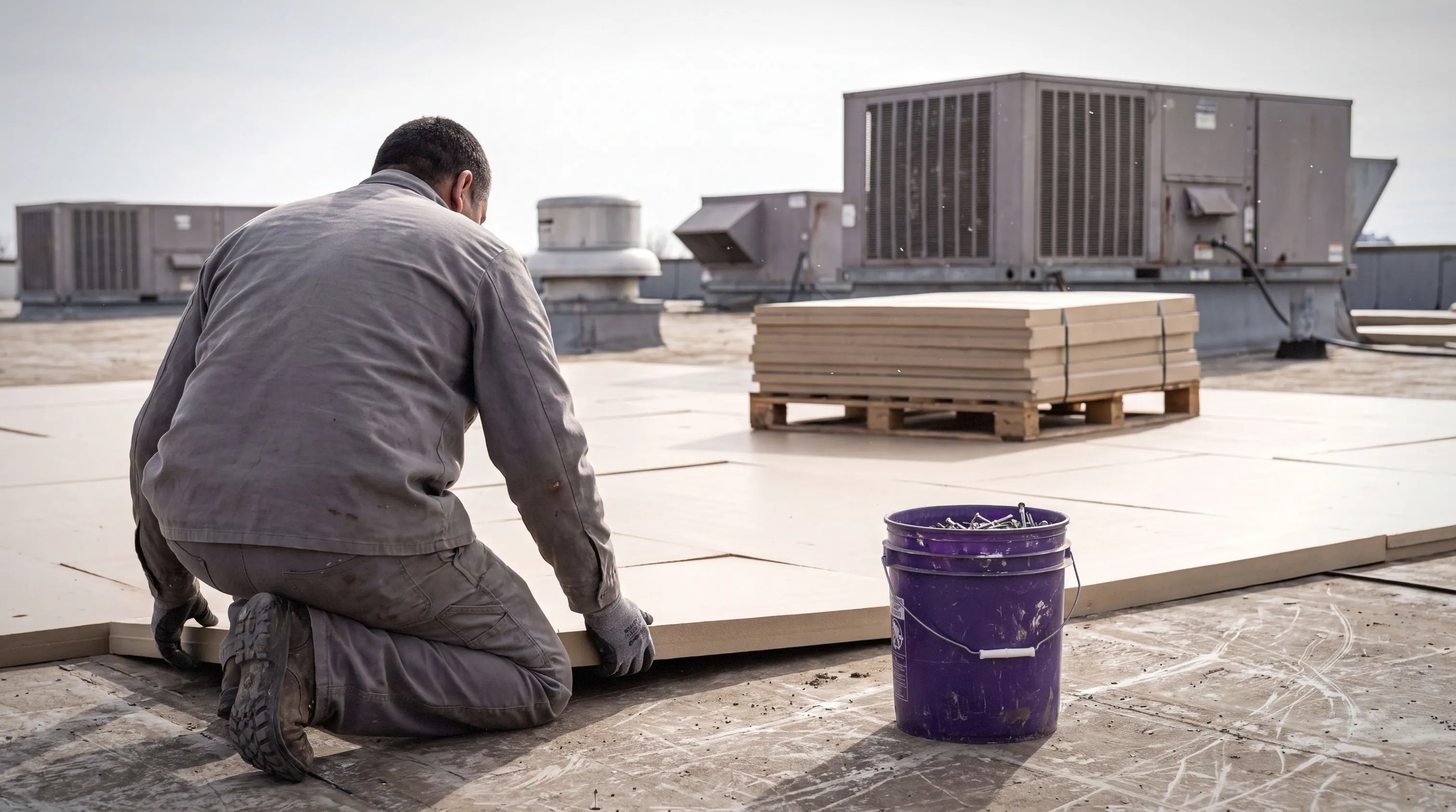 Rigid board insulation installed on a low-slope commercial roof