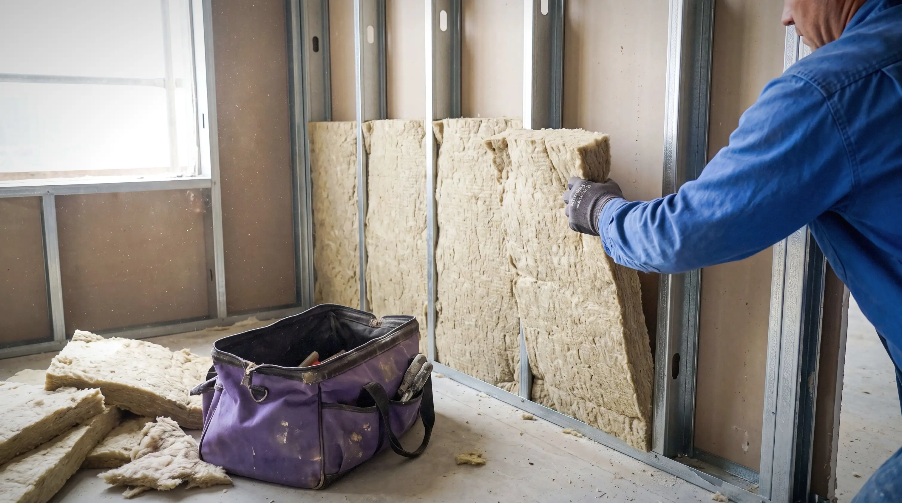 Acoustic insulation installed in a commercial wall
