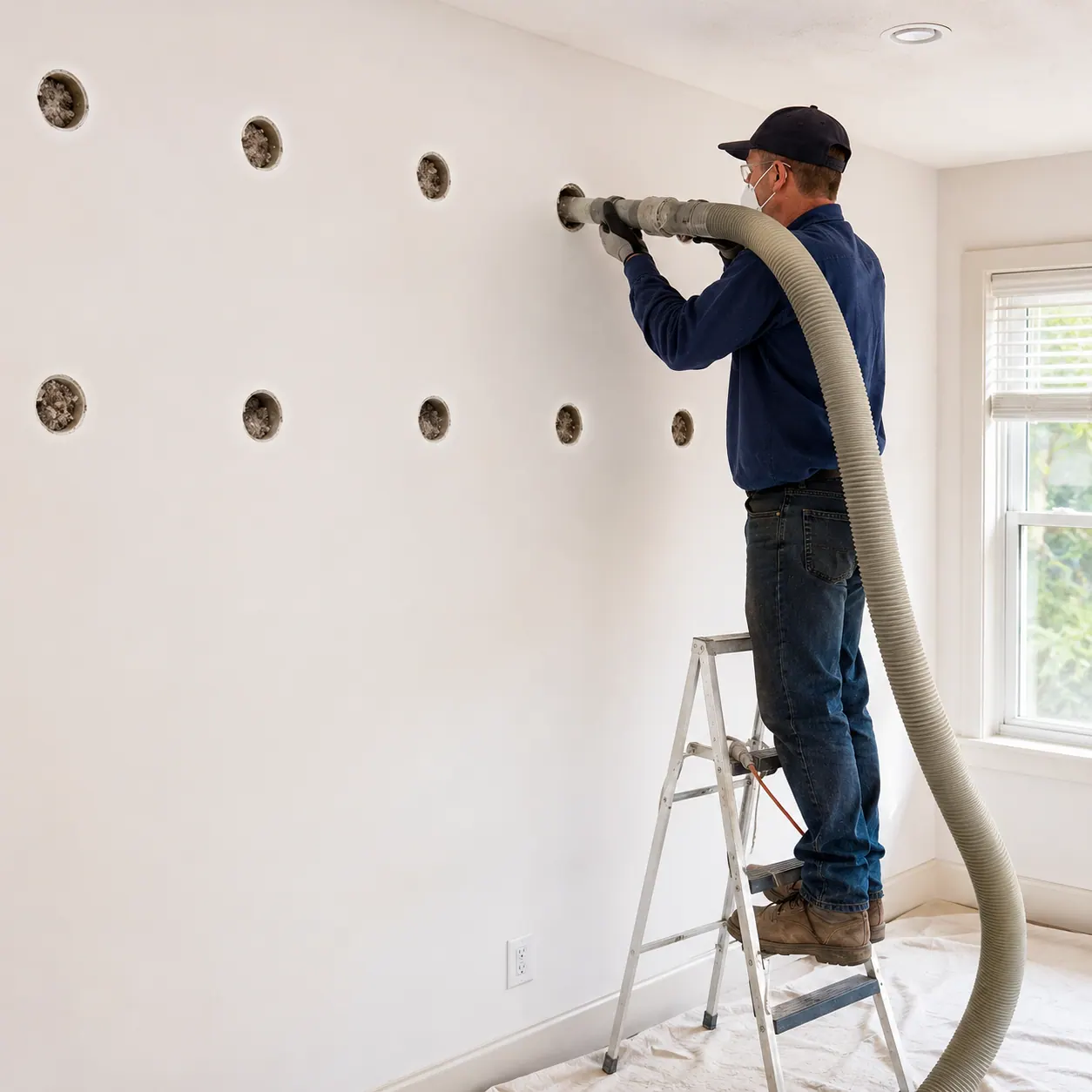 Insulation being injected into an enclosed wall cavity