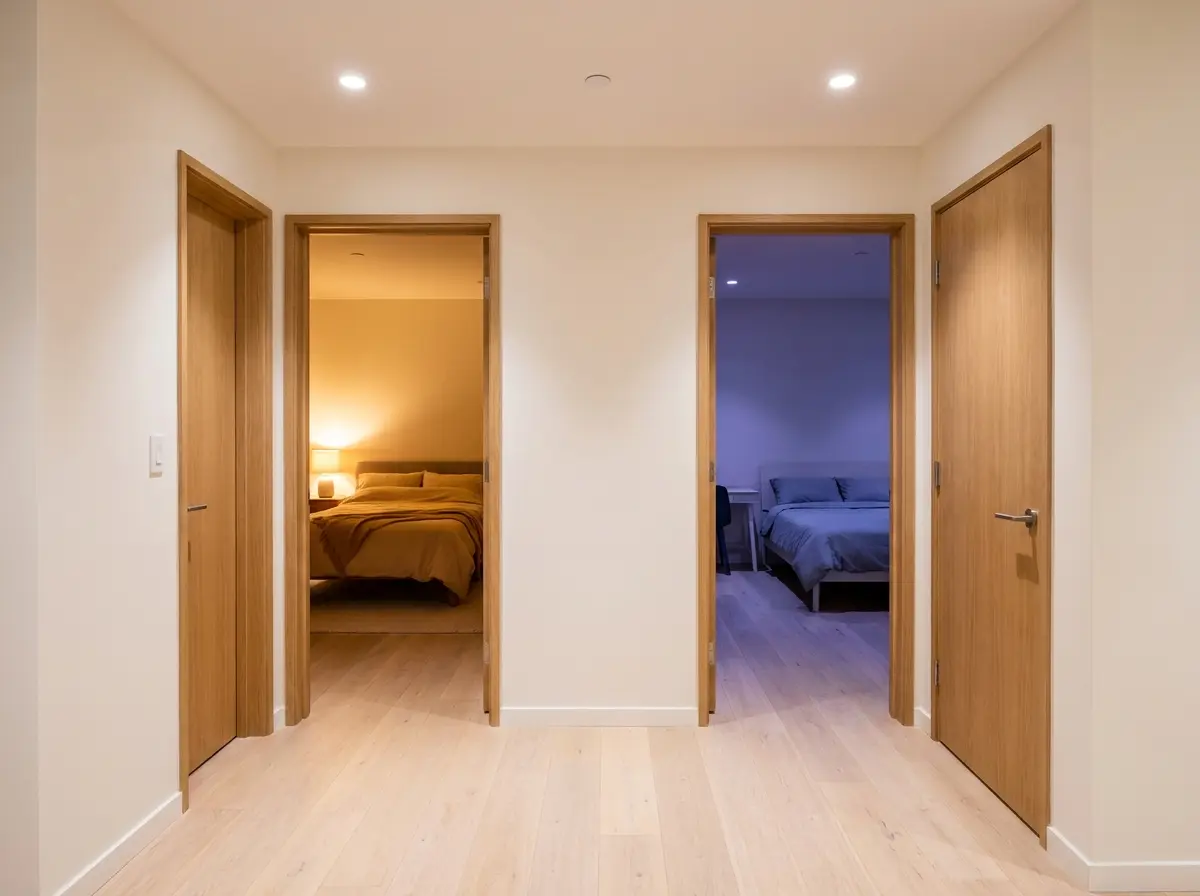 Hallway between two bedrooms, one lit warm and the other cold and dim