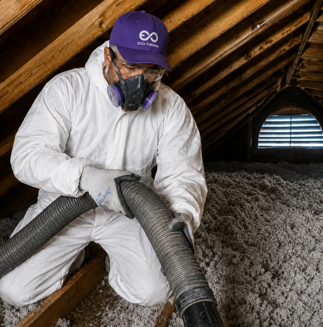 Old attic insulation being extracted with professional vacuum equipment