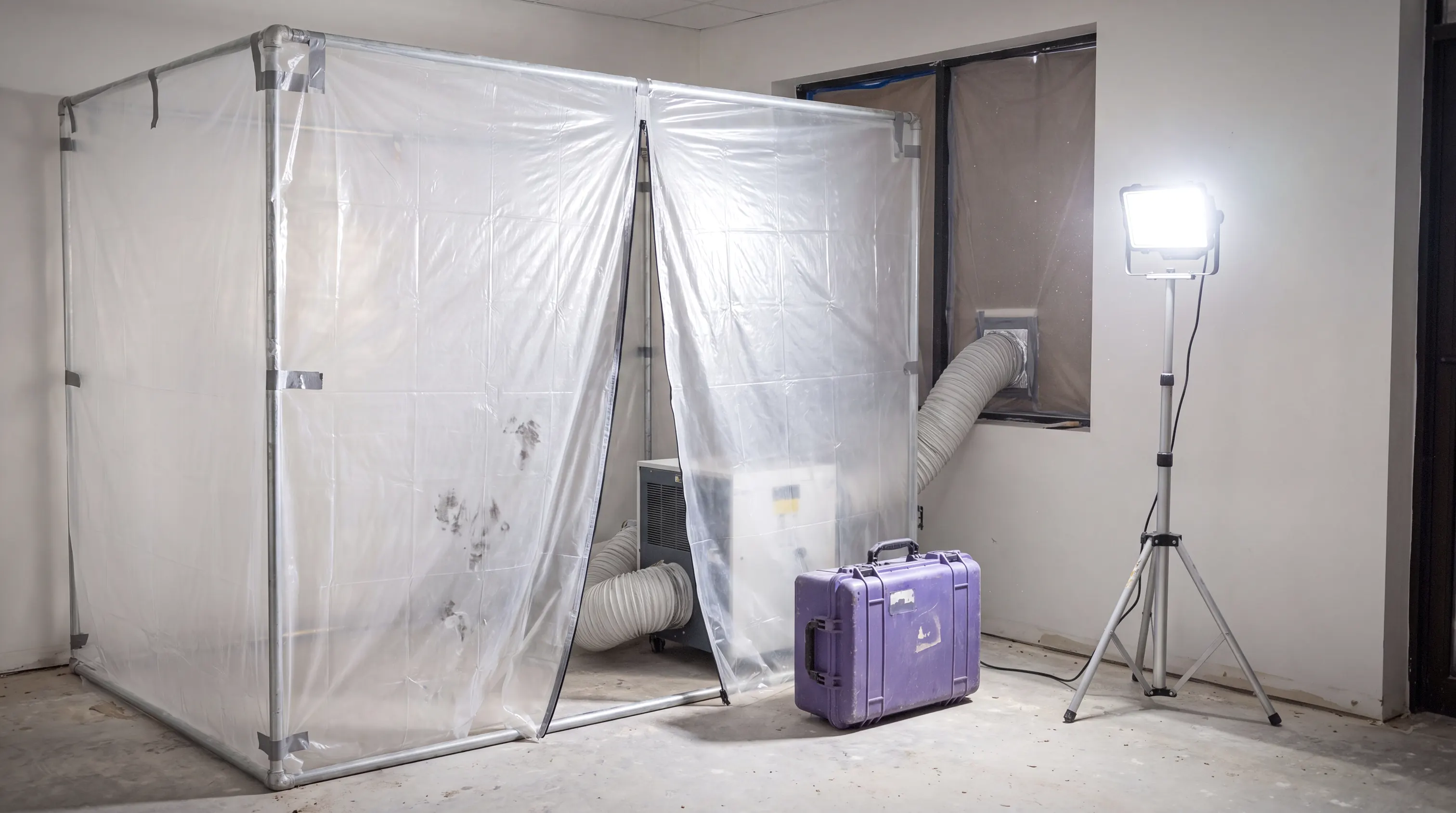 Containment and HEPA filtration set up for commercial mold remediation