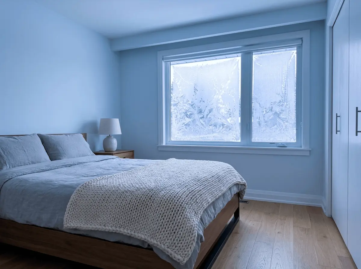 Frost across the inside of a bedroom window on a winter morning
