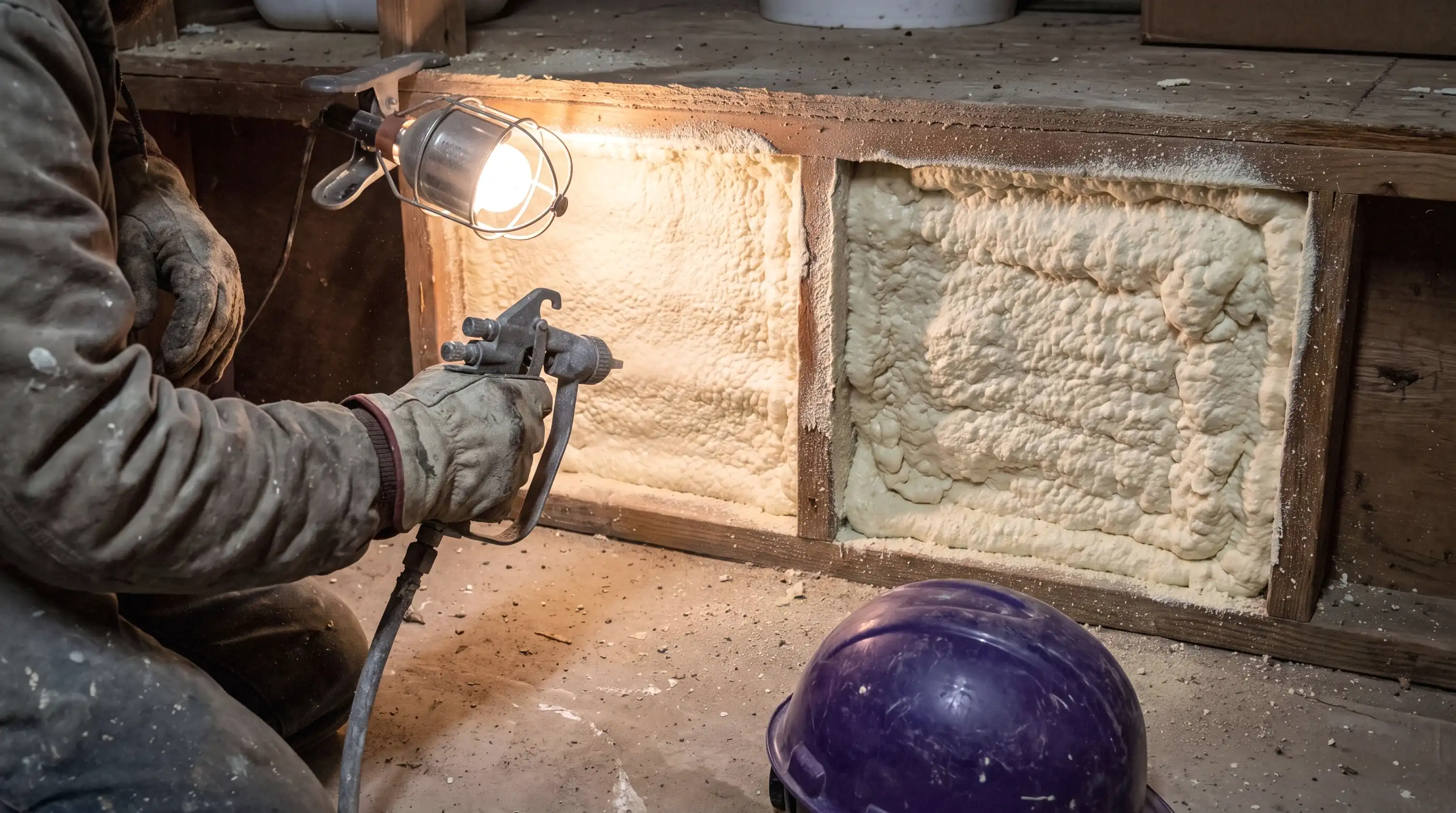 Spray foam insulation being applied in a building assembly