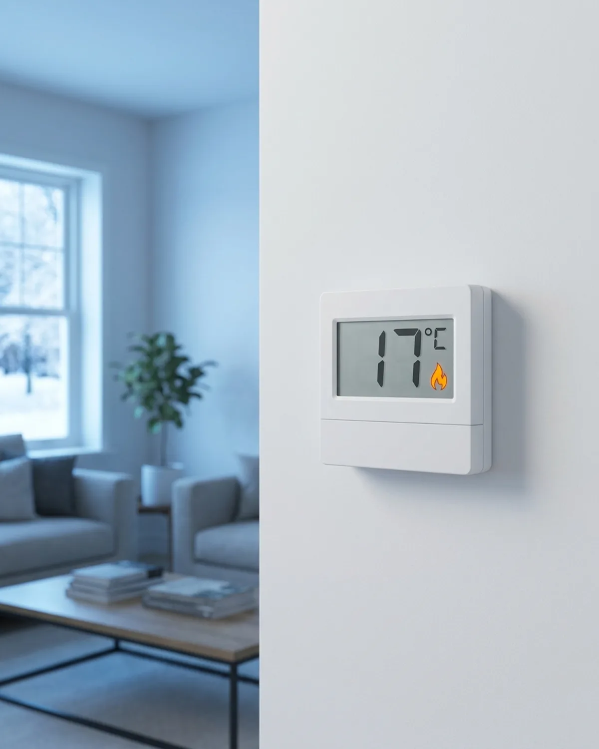 Wall thermostat reading 17C with the heating running, in a cold room on a winter day