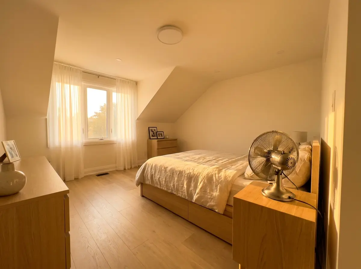 Upstairs bedroom under a sloped ceiling flooded with hot afternoon sun