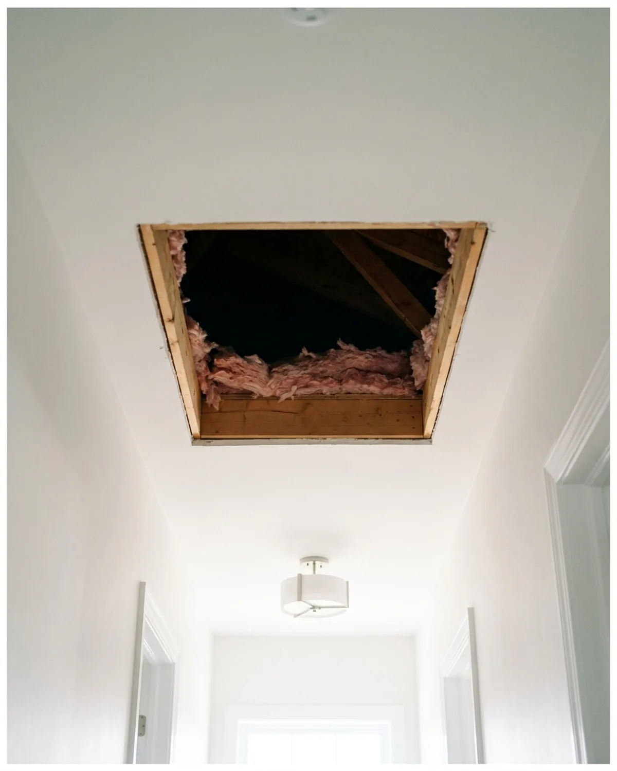 Open attic hatch in a hallway ceiling, seen from below