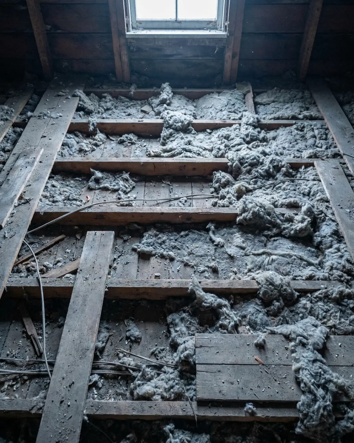 Attic floor where the loose insulation is thin and uneven and the joists show through