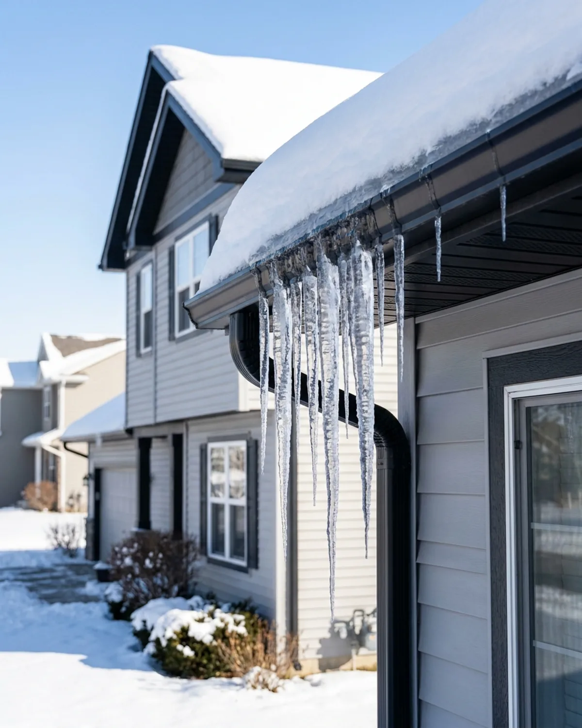 Thick icicles hanging from the roof edge of a house after snow, on a clear winter day