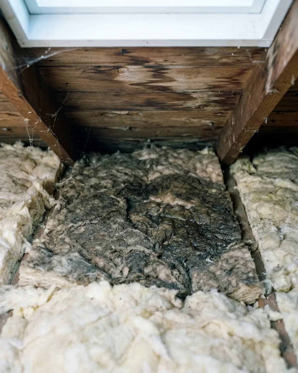 Attic insulation wet, dark and matted in a patch under a stained roof deck