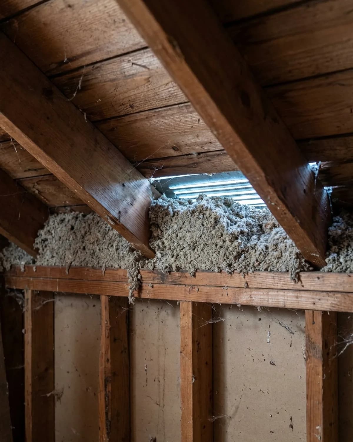 Attic eave where insulation is pushed against the roof deck and closes the vent channel
