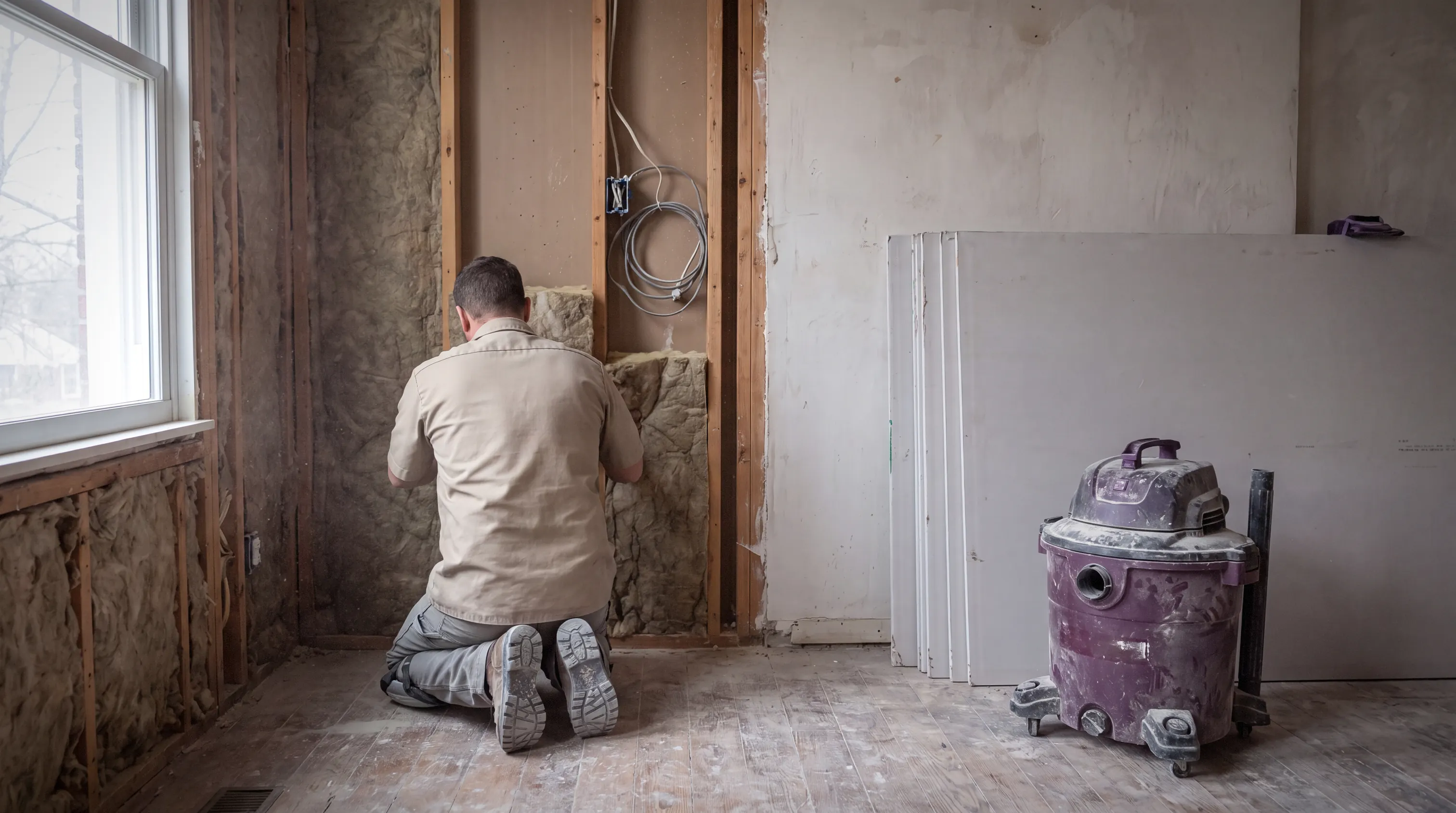 Acoustic insulation being installed in a wall assembly