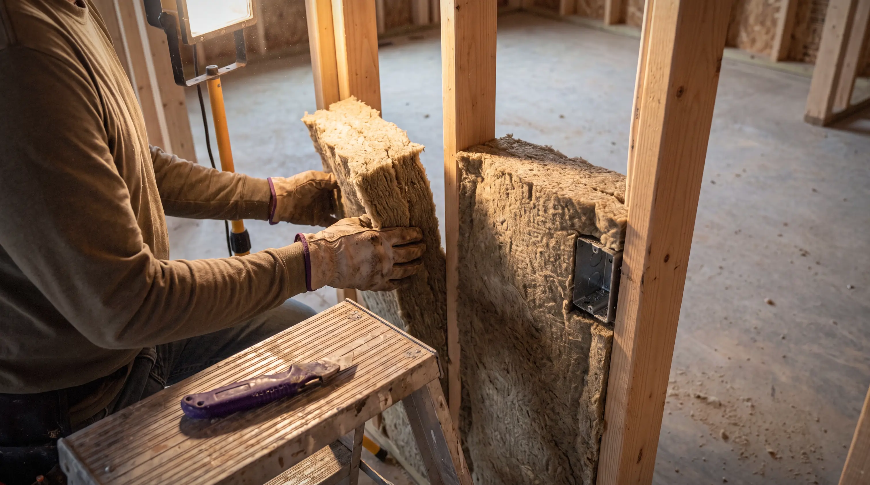Mineral wool insulation installed between wall studs